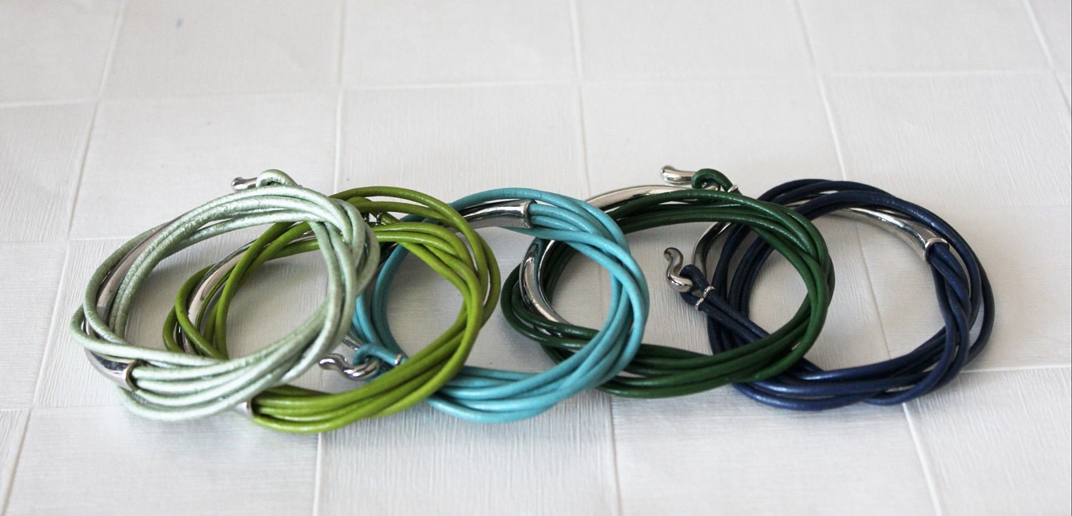 Leather Wrap Bracelet with Silver Metal Ornament(Sky Blue)