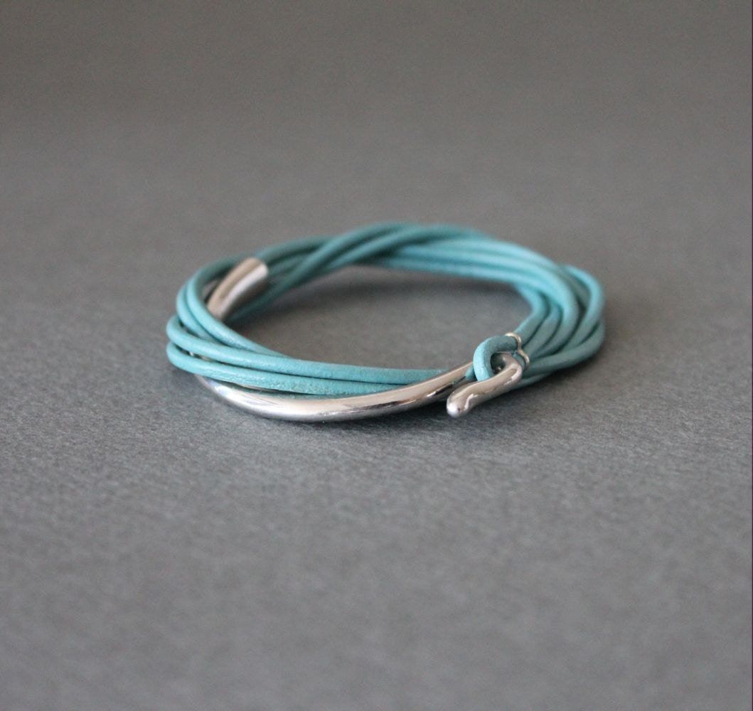 Leather Wrap Bracelet with Silver Metal Ornament(Sky Blue)