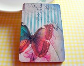 Large Wood Pin Brooch - Pink and Blue Butterfly on Blue Stripes - Decoupage Collage Victorian Romantic Garden Insect