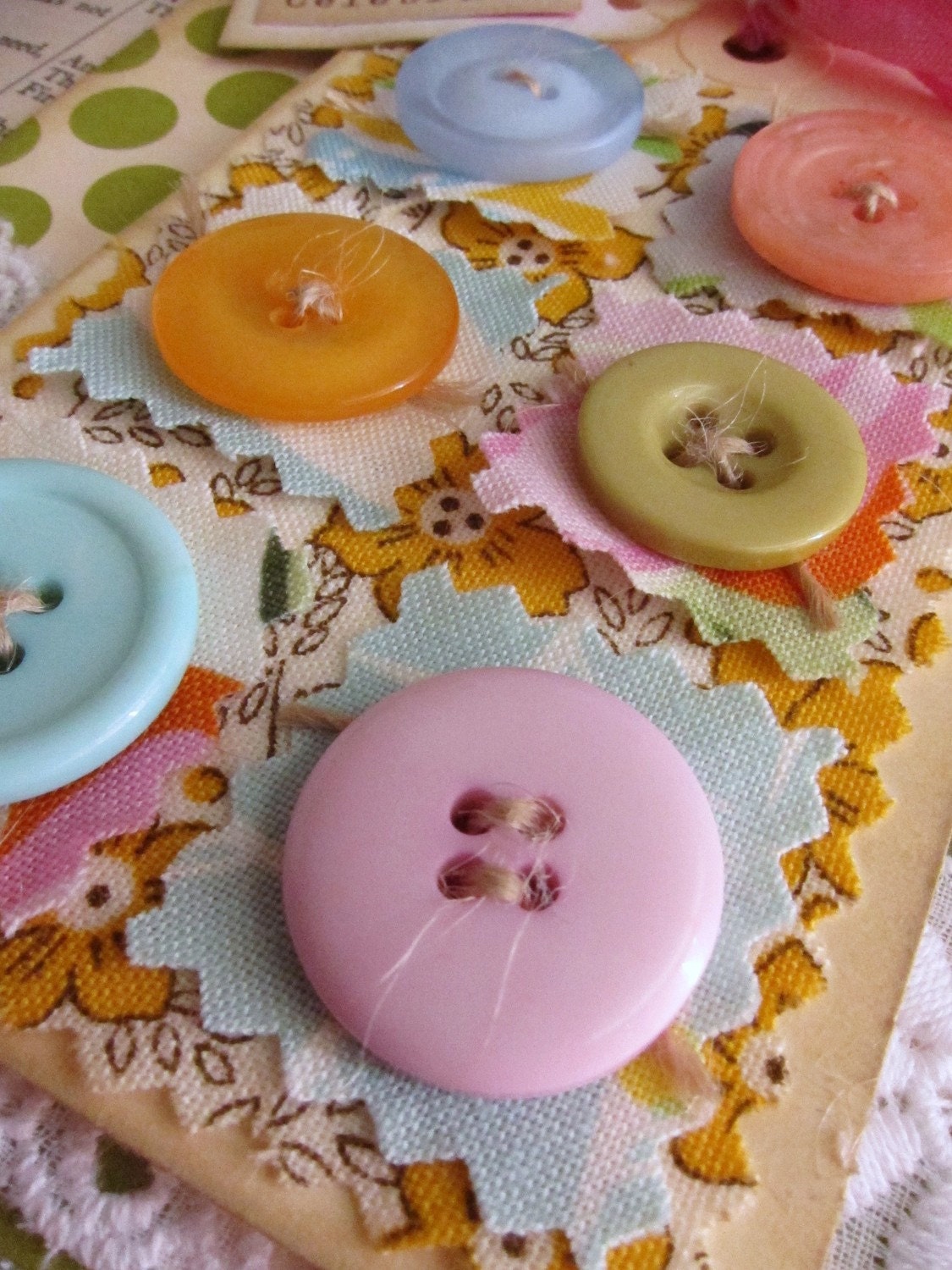 Shabby Chic fabric and buttons Celebrate handmade card
