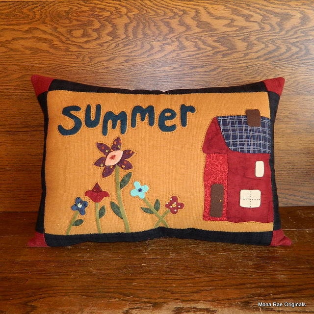 Summer Pillow 15" x 20" - House, Flower Applique, Quilted Original Design SFCOFG