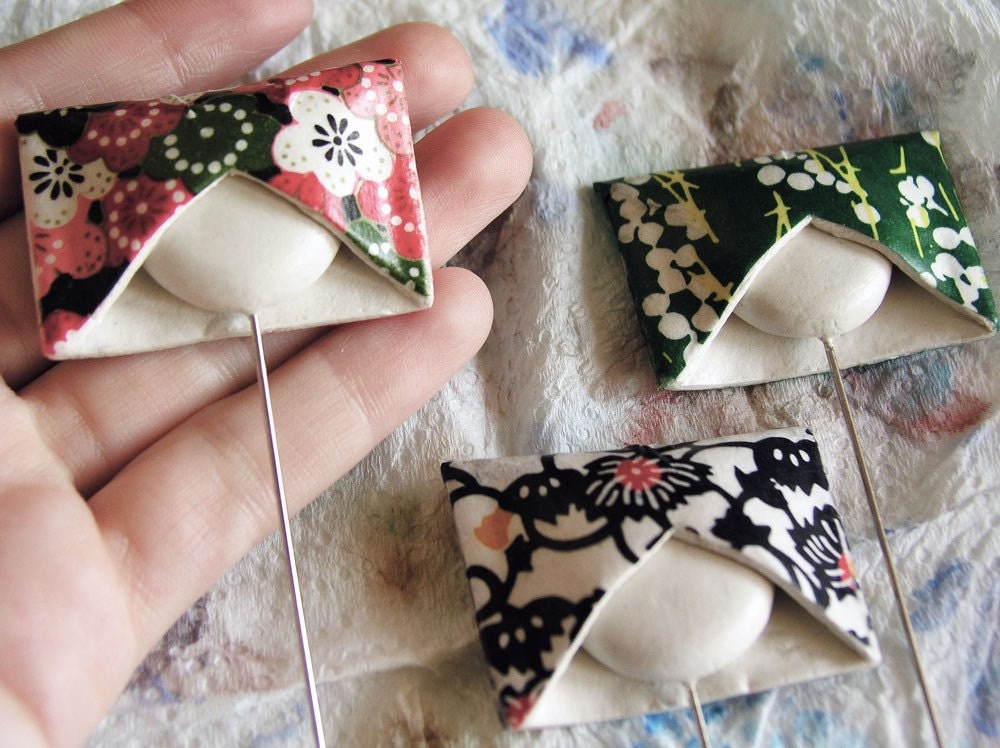paper mache pin brooch - flowerd origami paper by anawhat