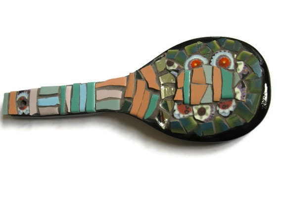 Wooden Spoon Ethnic Art Mosaic Green Teal Peach Broken china Home Decoration Whimsical ceramic tile