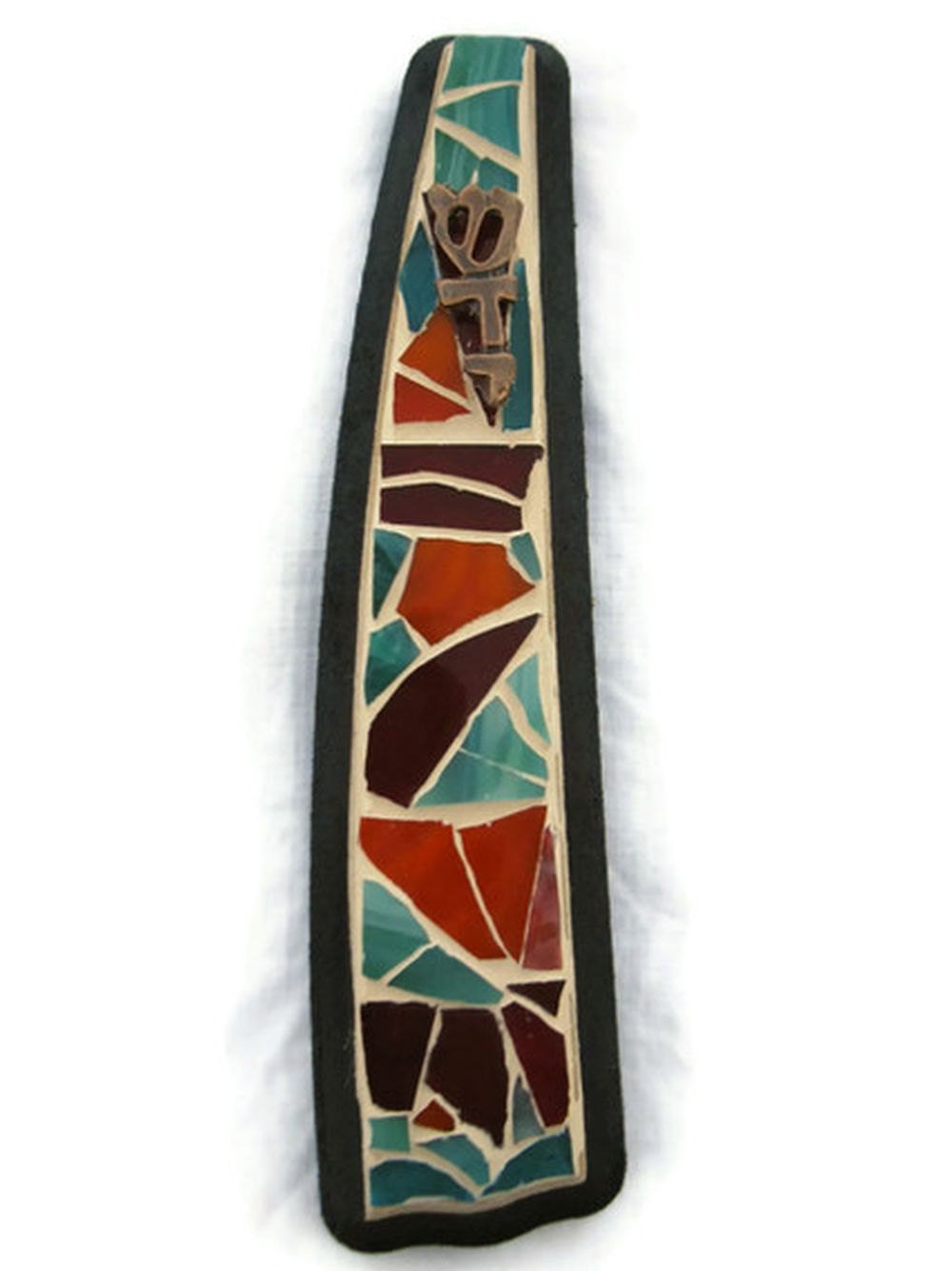 Mezuzah case scroll Stained Glass Mosaic Art Teal Orange Purple