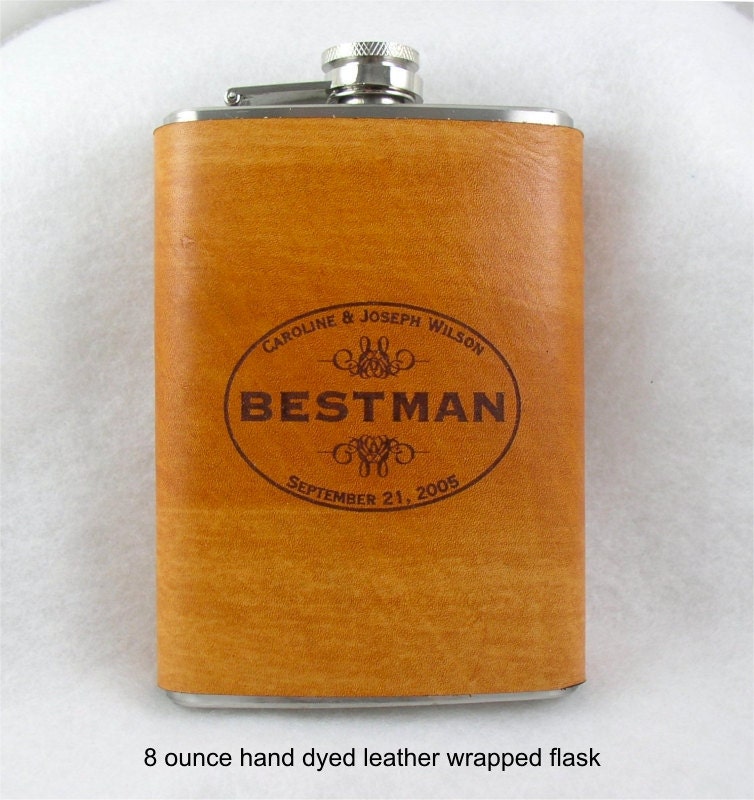 Flask with Hand Dyed Engraved Leather Wrap 8 Ounce - set of 9