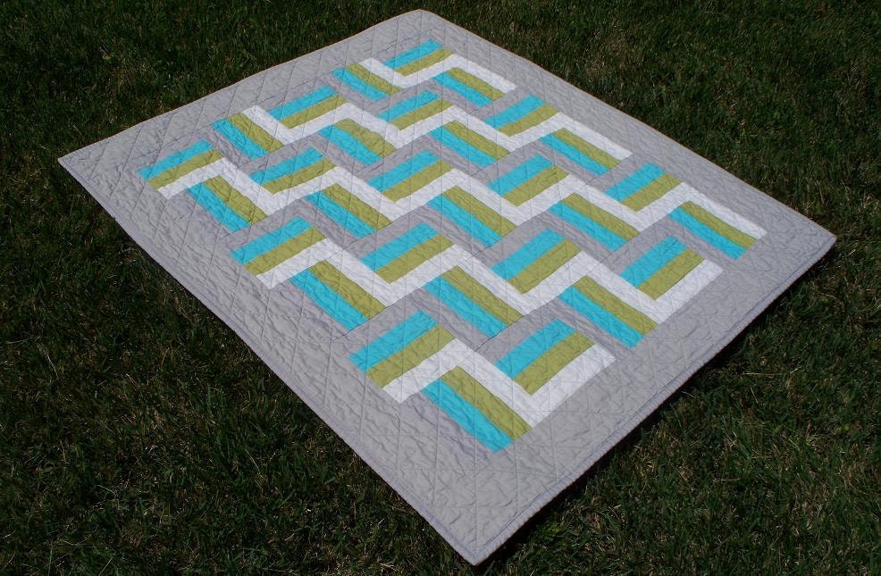 Modern Baby Quilt in Gray, Aqua, Green & White w/ FREE U.S Shipping