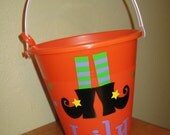 Halloween bucket: Personalized Halloween sand pail, beach bucket with shovel for use as trick or treat candy bag or party favor, witch feet
