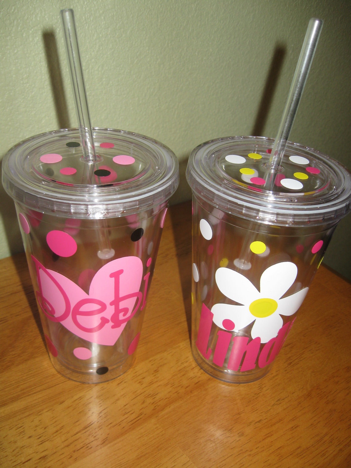 Personalized double wall acrylic tumbler 16 oz w/ lid & straw, name over heart, flower or initial, polka dots