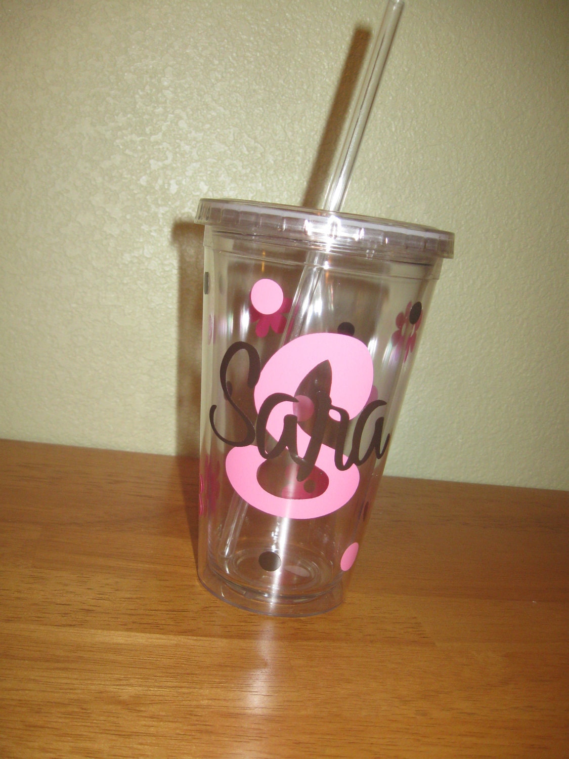 Personalized double wall acrylic tumbler 16 oz w/ lid & straw, name over heart, flower or initial, polka dots