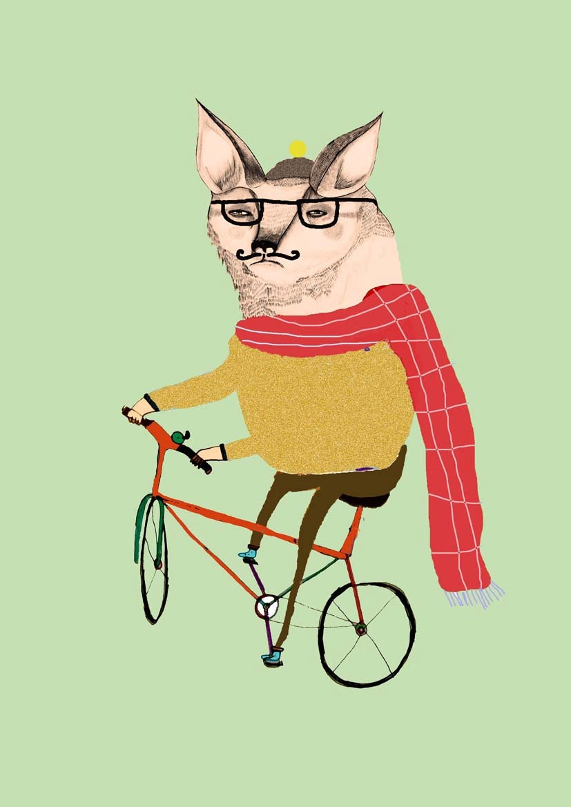 Fox on Bike. Children's Wall Art, Nursery Decor. Limited edition art print by Ashley Percival.