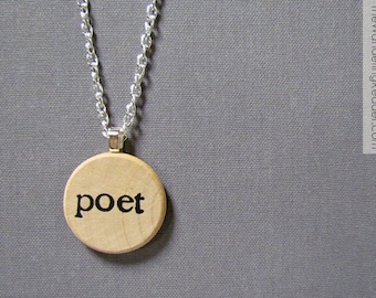Hand Stamped "poet" Poetry Necklace in Black Typewriter Font - Poetry Jewelry