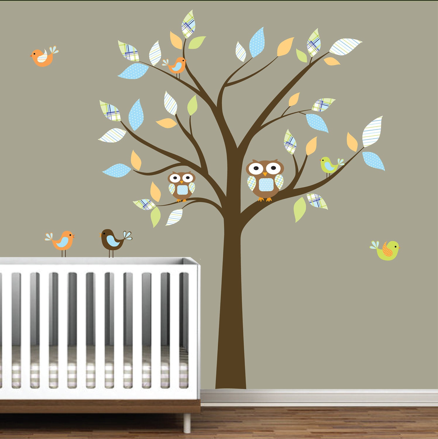 Tree Decal Wall Stickers Vinyl Wall Decals with Owls,Pattern Leaf