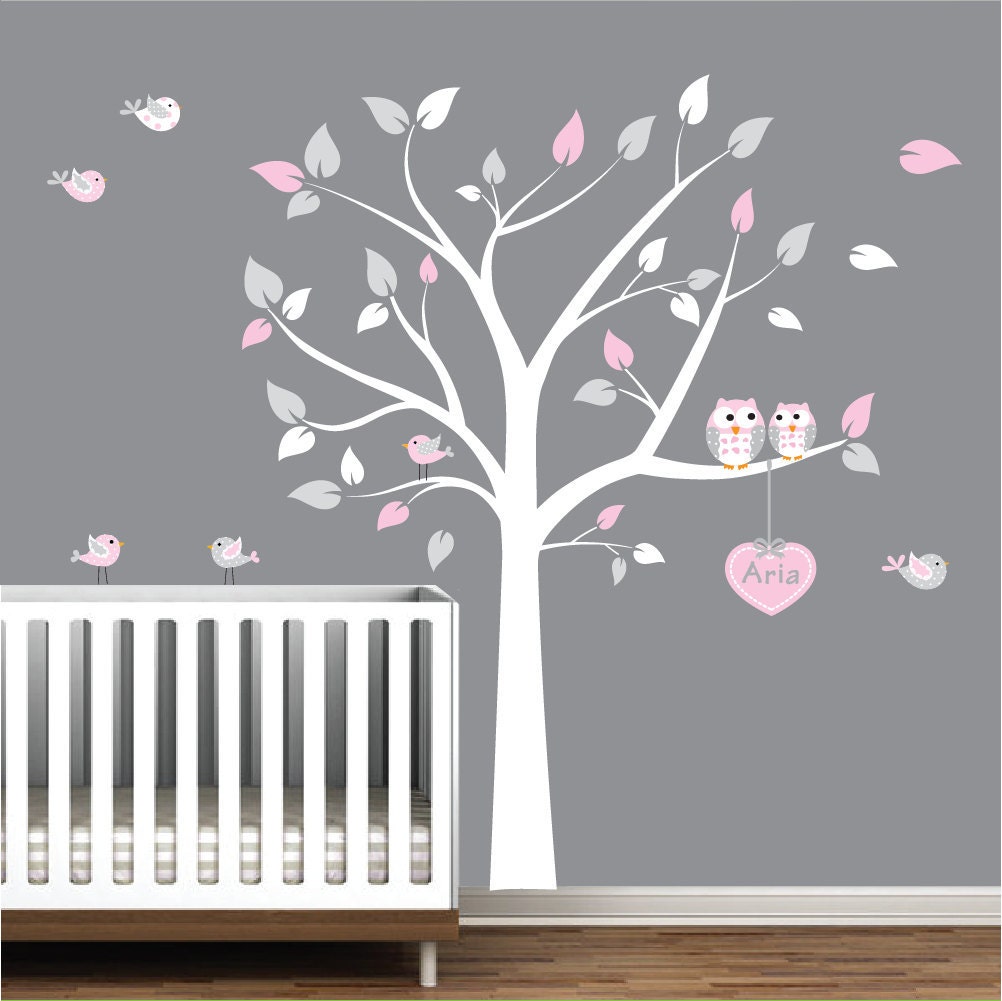 Nursery Wall Decals Tree With Custom Name Decal Owls Birds