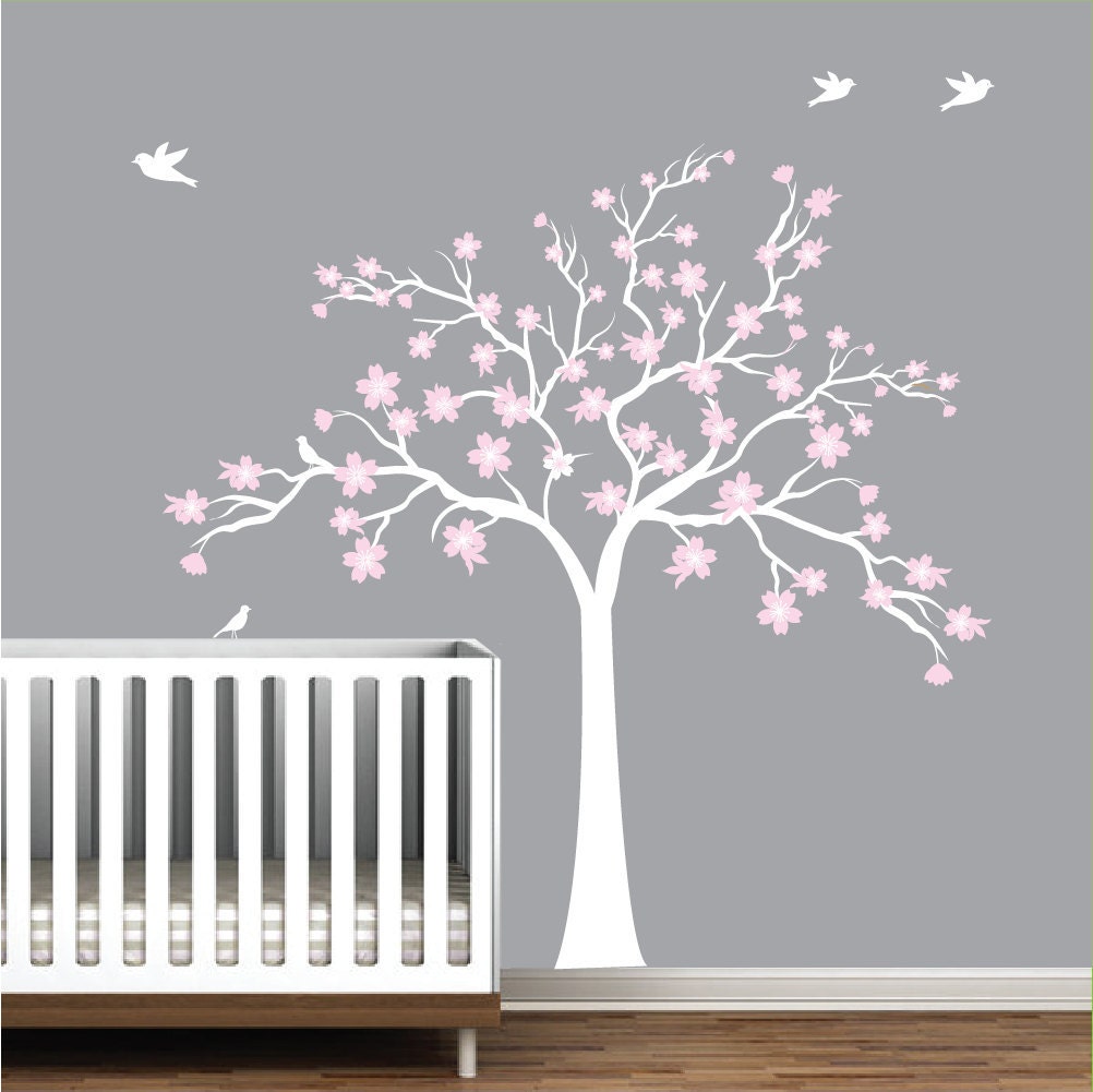 Children Wall Decals Vinyl wall decal tree with flowers-Vinyl Tree Wall Decal