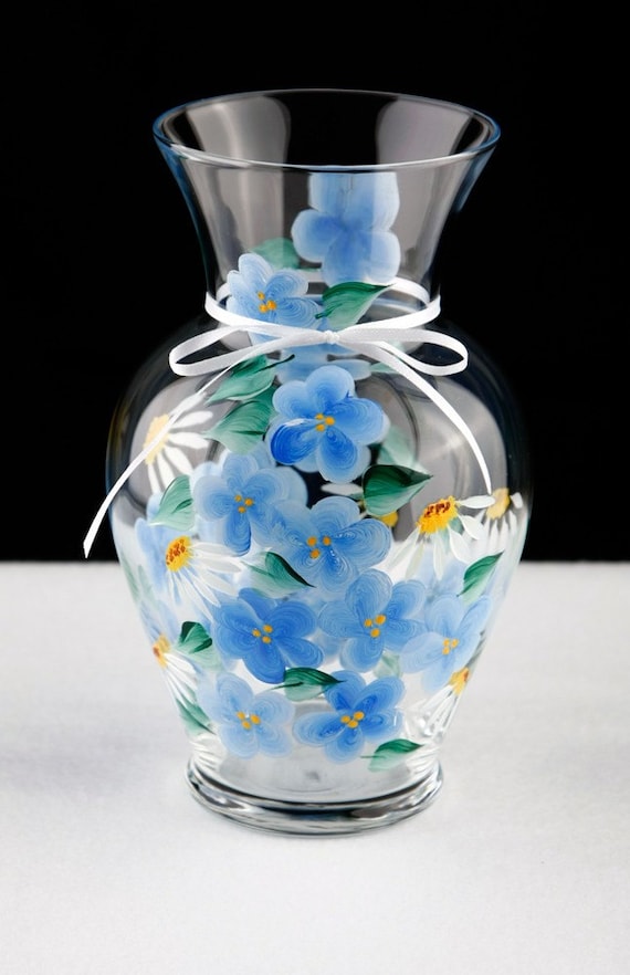 Hand Painted Blue Flowered Vase by Allthatglass1 on Etsy