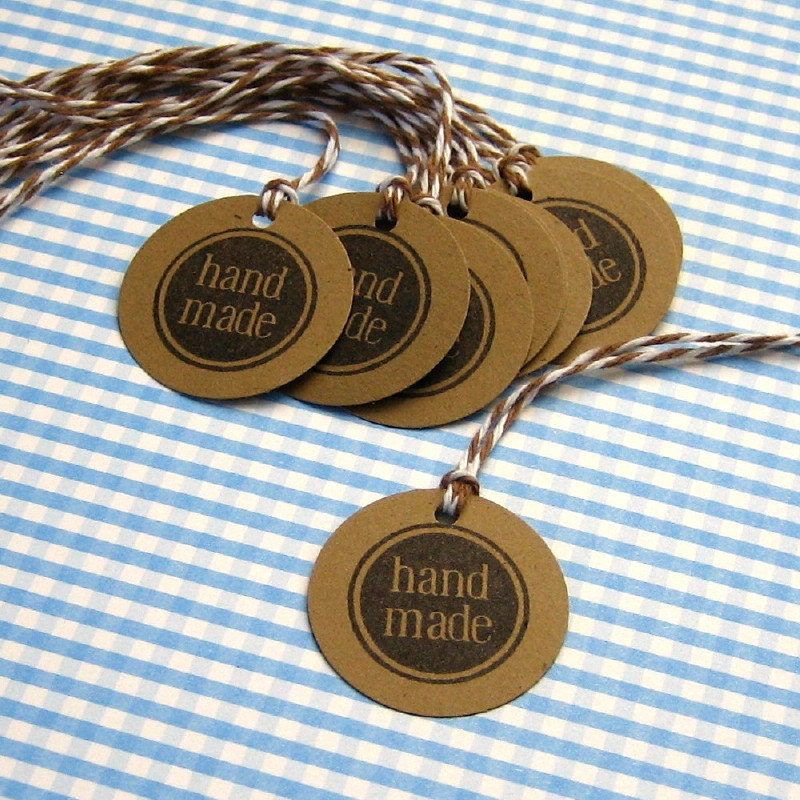 10 "Handmade" Kraft Tags 1 1/4" Round Black Ink Brown Bakers Twine