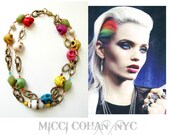 Sale - Chalina, Chunky Double Stranded Multi Colored Howlite Turquoise Skull and Brass Chain Necklace - One of a Kind