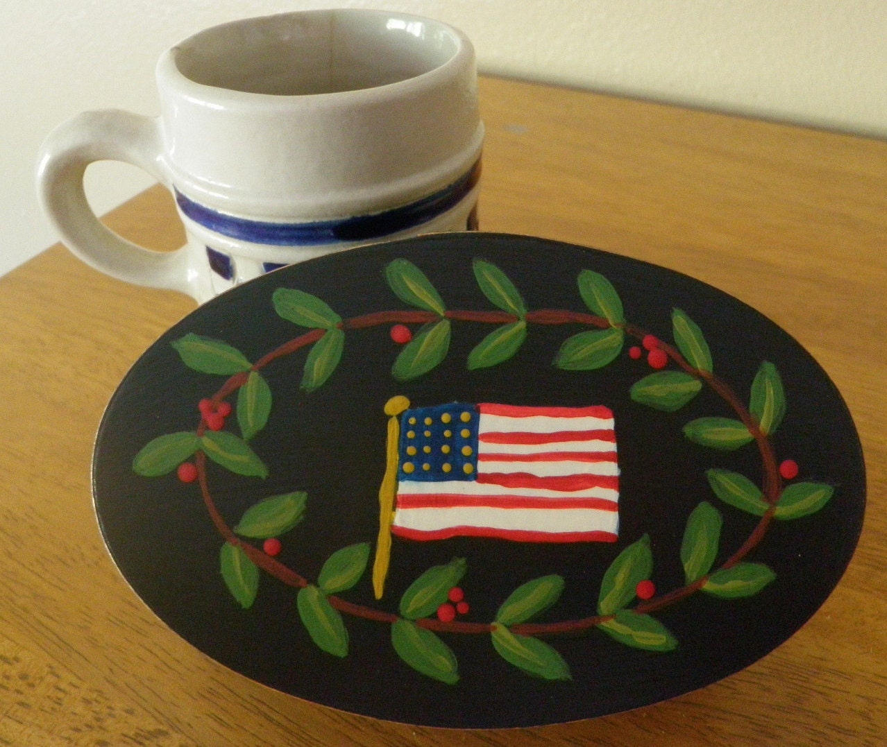 Hand Painted Wooden Oval Box, Folk Art, Primitive, Americana, Fraktur
