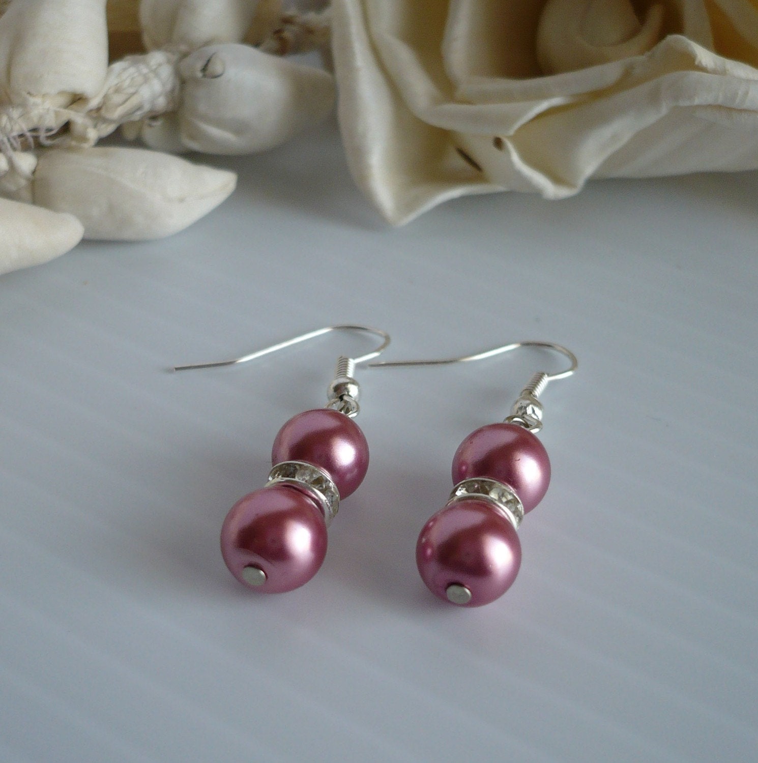 Rose Bridesmaids Earrings - Rose Pearls and Crystal Rondelle Earrings