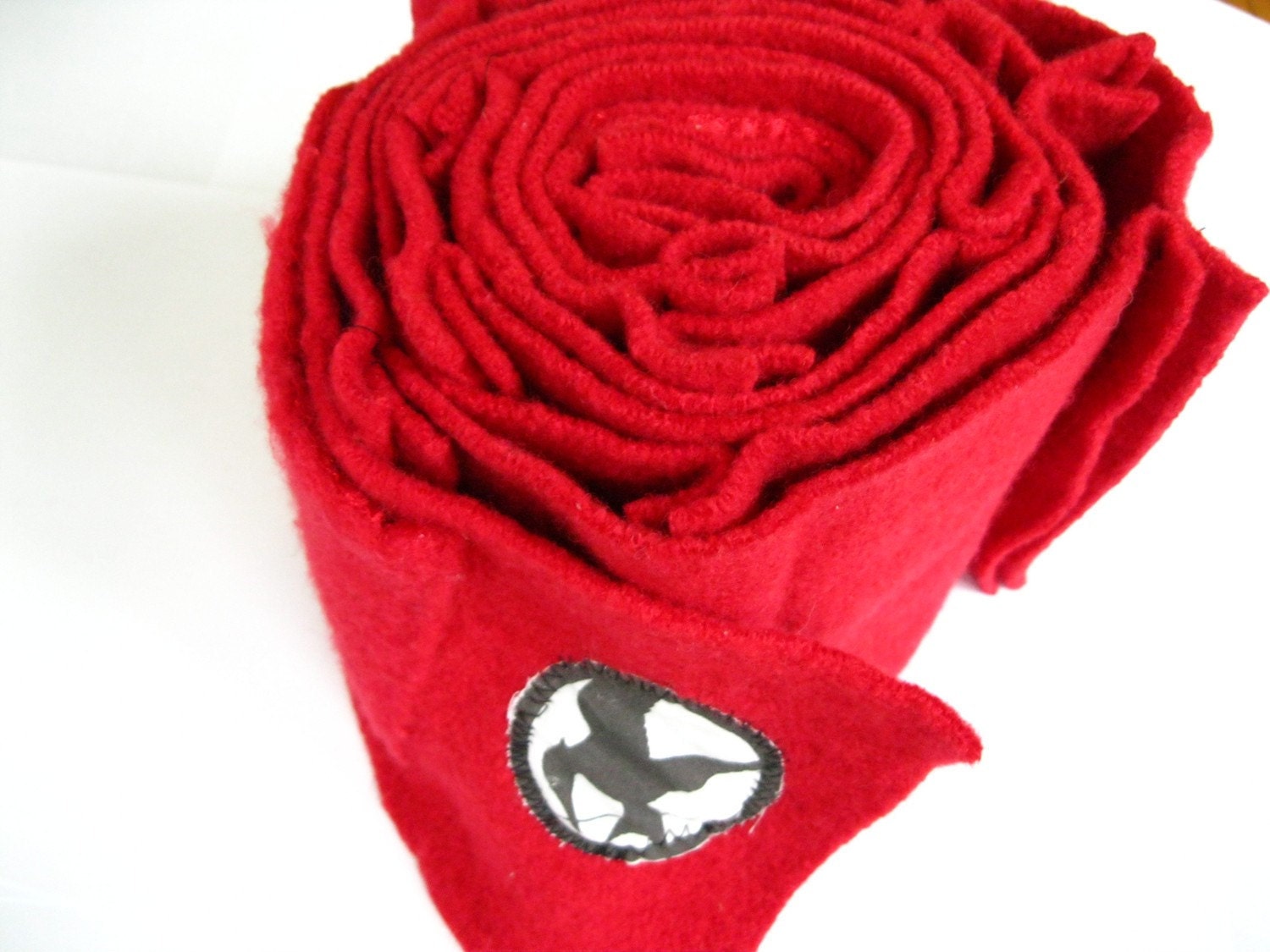 Hunger Games Katniss "Girl on Fire" Scarf Upcycled Red with mockingjay applique