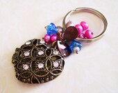 Antiqued Bronze SALE  Heart Locket Keychain with Pink and Blue Charms women accessory