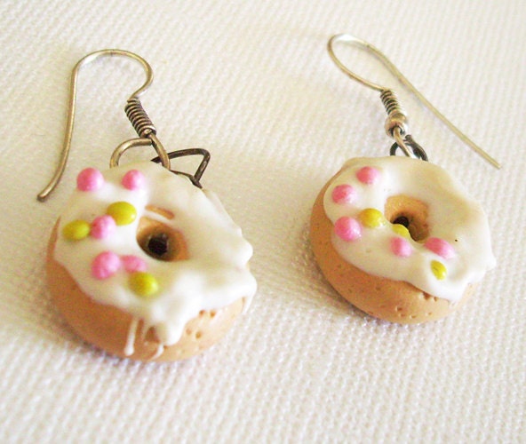 Donut Dangle Earrings with White Frosting and Pink and Green Sprinkles