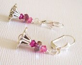 Silver and Pink Dangle Earrings, Silver Flower Earrings with Pink Swarovski Crystals, Gift For Mom, Birthday Gift