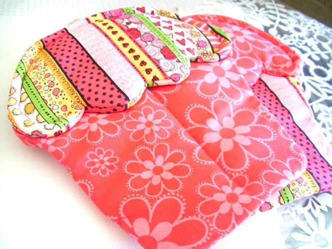Handmade Pretty stripes and flowers themed Cupcake Potholders with pinks, green, white ribbon material