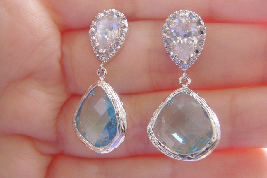 SALE Sterling Silver Clear Crystal Zirconium Bridal Blue Earrings