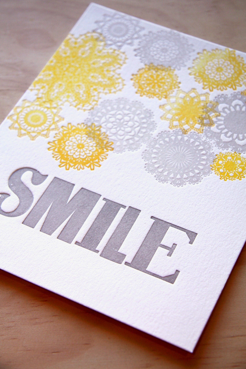 Smile letterpress Summer Lemon sunny yellow and silver grey doily with vintage wood block VERY LIMITED EDITION made in Australia