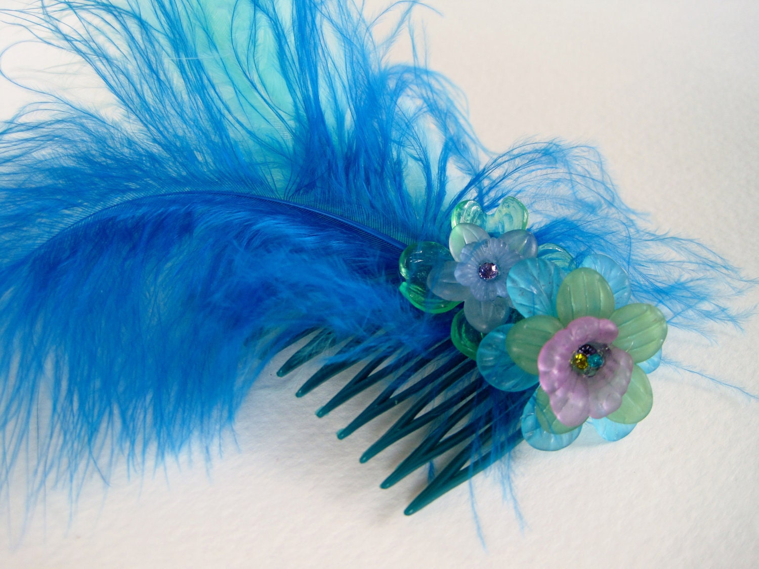 Fantasy Burlesque Handmade Marabou Feather Fascinator Vintage Haircomb Lucite Flowers Lavender Purple Teal Turquoise Blue Green  Rhinestone