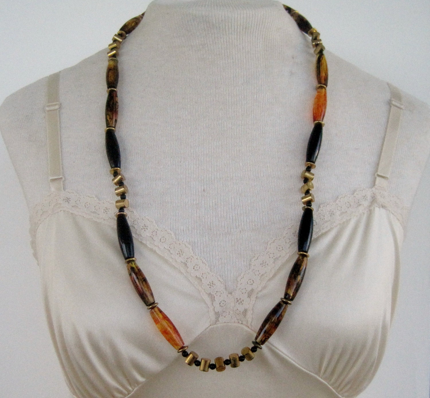 25 PERCENT OFF Vintage 80s Boho Rustic Goldtone Black Marbled Amber Plastic Bead Beaded Opera Length Necklace