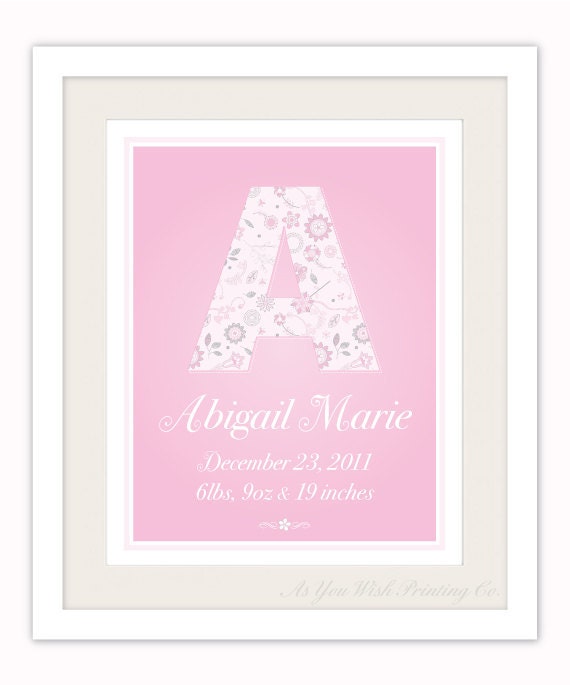 Personalized Monogram Birth Print, Pink Nursery Art - AsYouWishPrinting