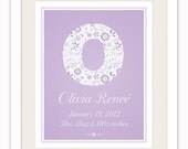 Custom Monogram Retro Floral 11x14 Birth Poster - Lavender Nursery Wall Art for Baby Girl