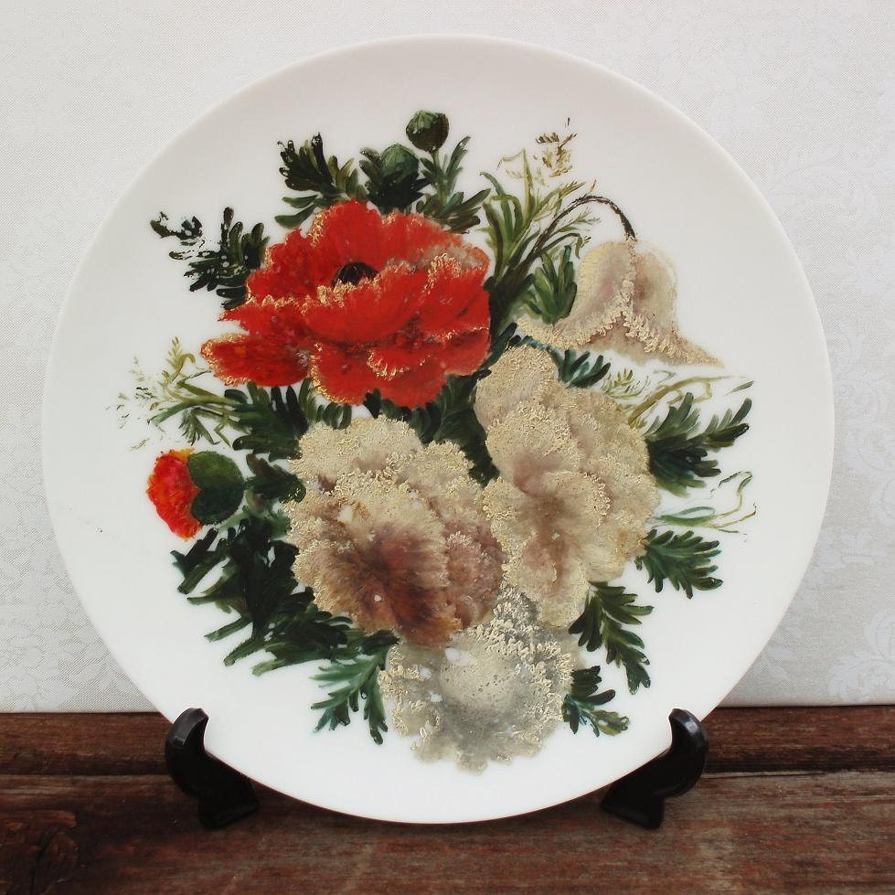 Large Decorative Plate, Satin Glass, Vintage Platter, Orange / Green / Beige