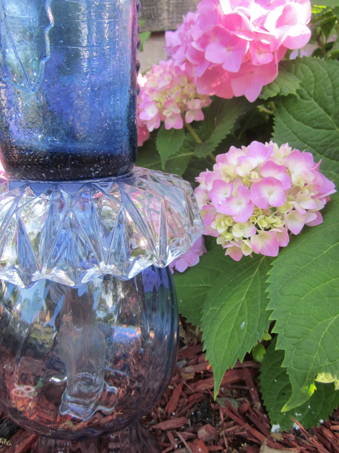 Glass Yard Art Totem Sculpture Royal Blue Teapot Design