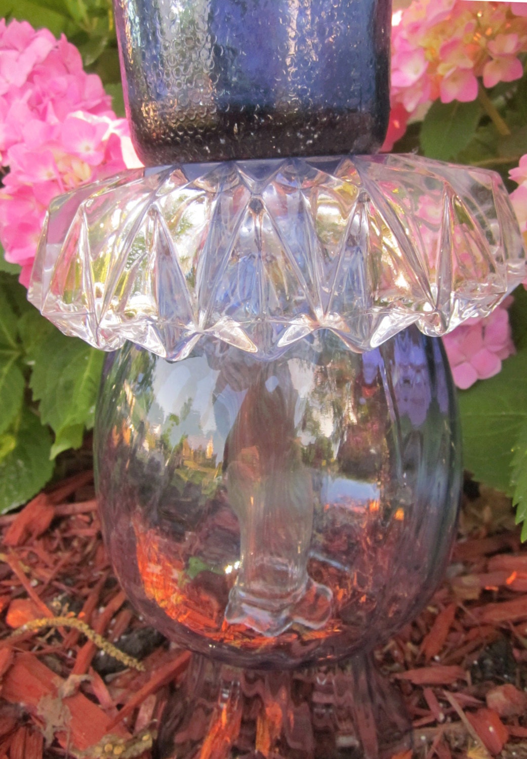 Glass Yard Art Totem Sculpture Royal Blue Teapot Design