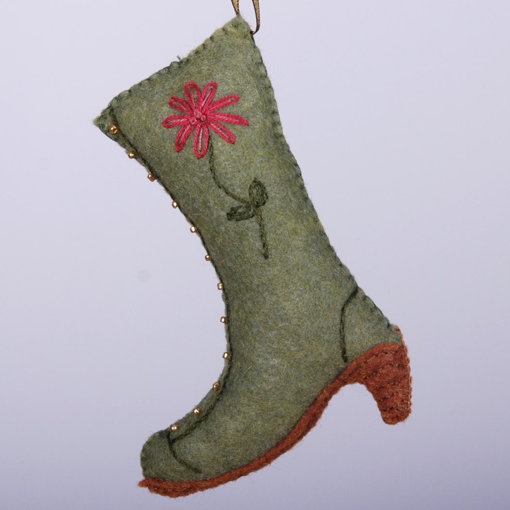 CIJ Miniature Victorian Boot Christmas Ornament with Embroidery in Moss Green