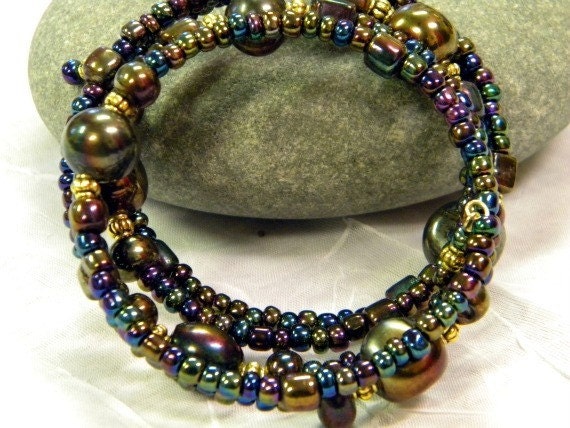 Iridescent Bead Wrap Bracelet, Bohemian Style