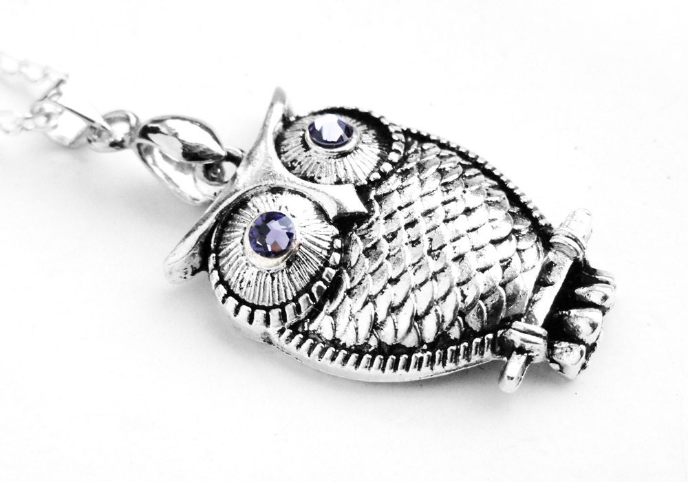 Swarovski Tanzanite Crystal Silver Owl Charm Necklace (Get 10% OFF with COUPON CODE for Special Sale)