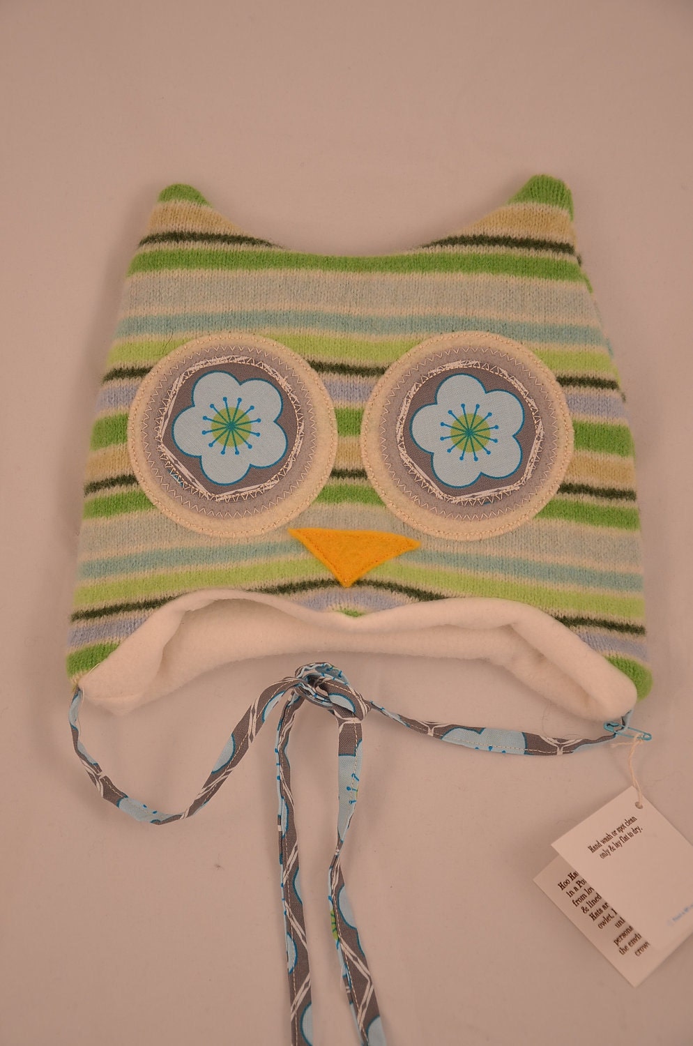 Hoo Hat -Upcycled Felted Wool Owl Hat -Green & Blue Striped Lambswool -Size Extra Small (15-17" head)