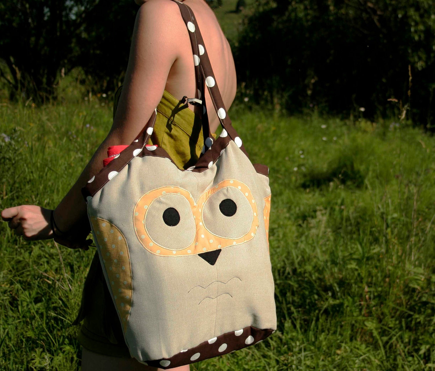 Summer Owl beach bag, reversible large tote, yellow white polka dot, beige -ready to ship