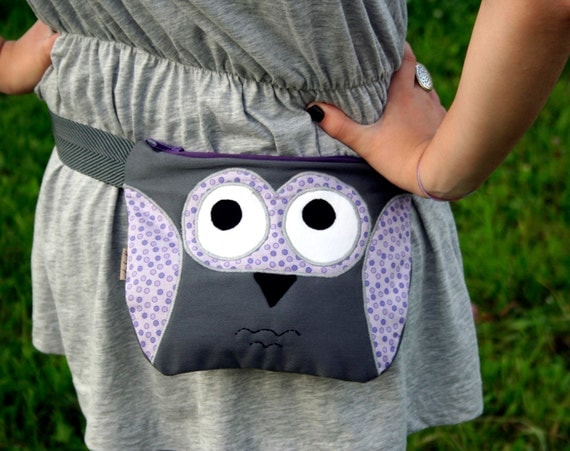 Owl fanny pack , belt bag, waist purse, grey lilac purple polka dot - ready to ship