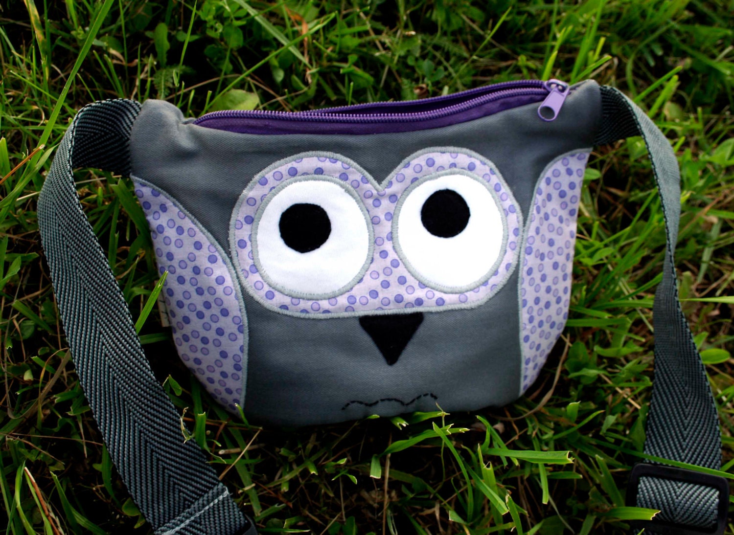 Owl fanny pack , belt bag, waist purse, grey lilac purple polka dot - ready to ship