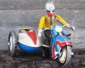 Vintage Wind Up Tin Motorcycle with Sidecar, Lithographed Collectible Tin Toy