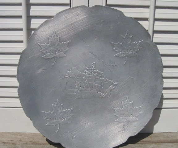 Vintage Canada Aluminum Collectible Souvenir Plate, Map of Canada, Canadian Maple Leaf