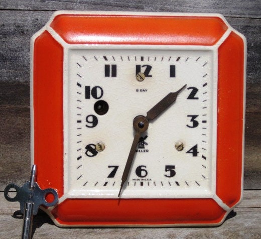 Vintage 8 Day Miller Wind Up Porcelain KITCHENETTE Wall Clock, Orange Antique Wind Up Clock, Working Vintage Clock with Key, Treasury Item