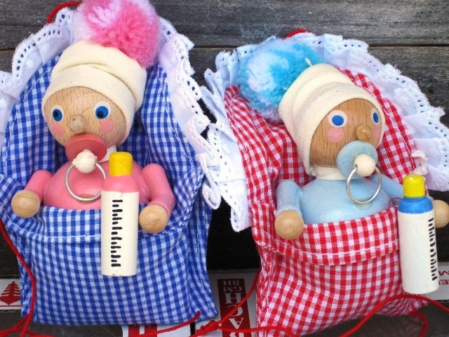 Vintage Christmas Ornaments, Steinbach Baby Boy & Girl Wooden Germany Ornaments, Christmas Holidays Decor