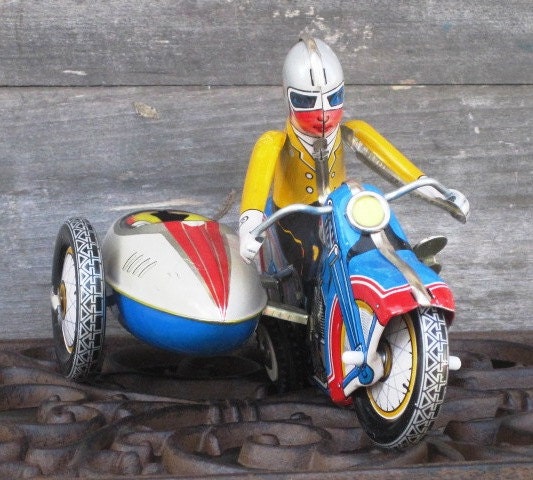 Vintage Wind Up Tin Motorcycle with Sidecar, Lithographed Collectible Tin Toy