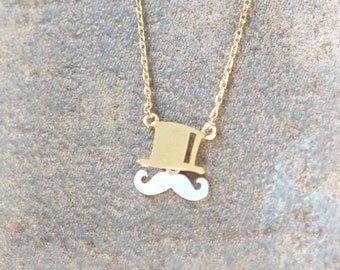 Mustache and Top hat Necklace in gold chain